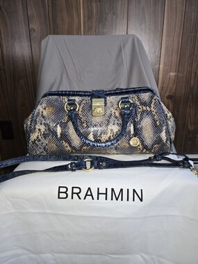 Brahmin Navy Snake-Embossed Leather Satchel